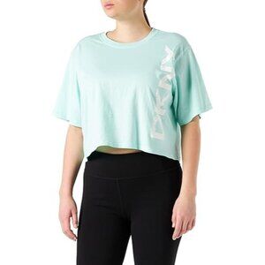 DKNY Women's Cropped Summer T Shirt Short Sleeves Crackle Logo Blue Size X Large